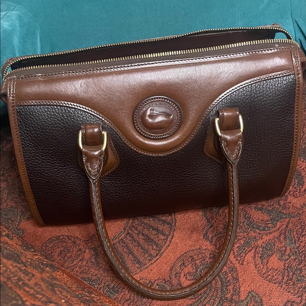 Dooney & Bourke Brown Two-Tone Leather Satchel with Gold Hardware